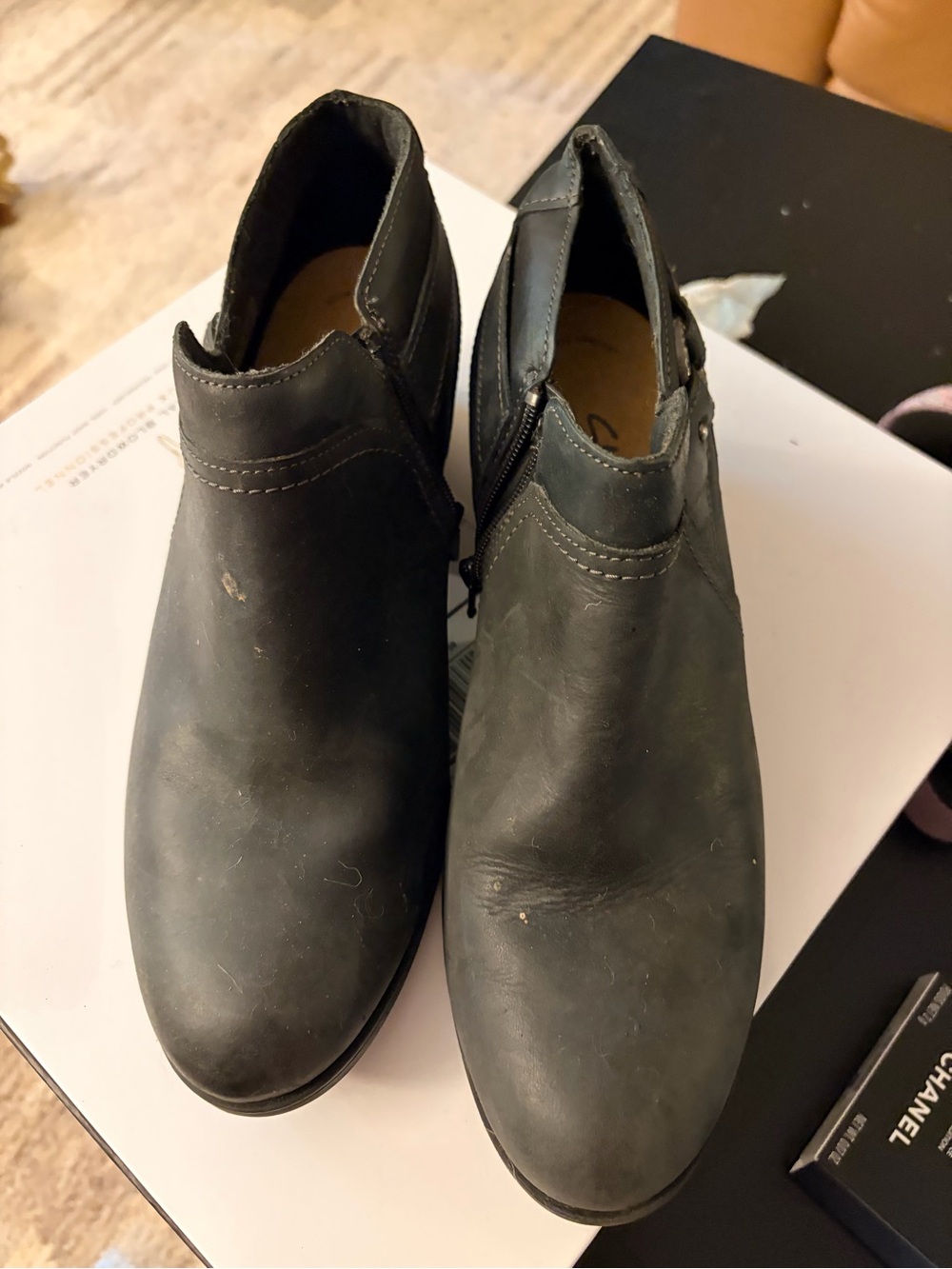 Clarks Black Leather Ankle Booties with Side Zip